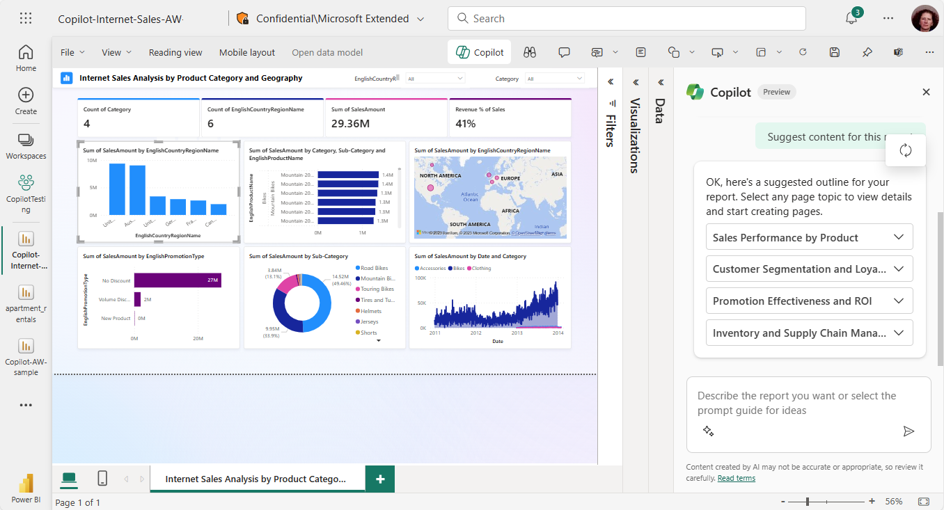 Microsoft PowerBI Copilot Suggested Pages